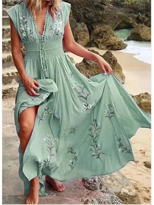 Elegant V Neck Sleeveless Floral Beach Dress for Women Casual Spring Summer Bohemian Style